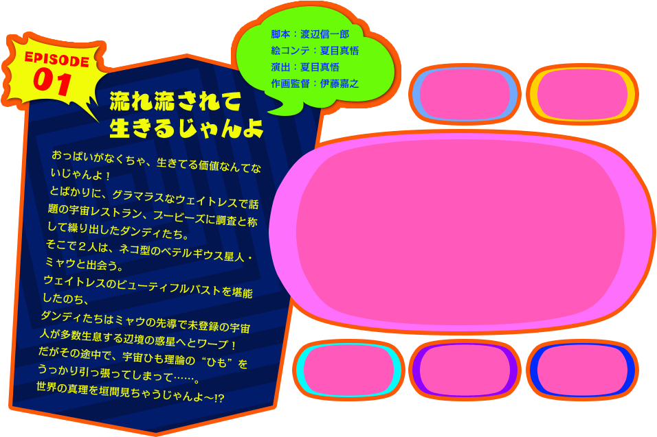EPISODE 01　流れ流されて生きるじゃんよ　おっぱいがなくちゃ、生きてる価値なんてないじゃんよ！　とばかりに、グラマラスなウェイトレスで話題の宇宙レストラン、ブービーズに調査と称して繰り出したダンディたち。　そこで２人は、ネコ型のベテルギウス星人・ミャウと出会う。　ウェイトレスのビューティフルバストを堪能したのち、　ダンディたちはミャウの先導で未登録の宇宙人が多数生息する辺境の惑星へとワープ！　　だがその途中で、宇宙ひも理論の“ひも”をうっかり引っ張ってしまって……。　世界の真理を垣間見ちゃうじゃんよ〜!? （脚本：渡辺信一郎／絵コンテ：夏目真悟／演出：夏目真悟／作画監督：伊藤嘉之）
